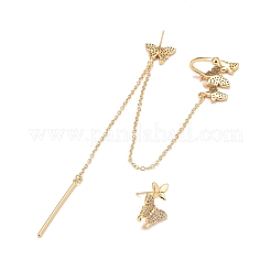 キュービックジルコニアバタフライアシンメトリーピアス  リアル 18k ゴールド メッキ 真鍮 ロング チェーン ダングル スタッド イヤリング イヤーカフ付き 女性用  鉛フリー＆カドミウムフリー  透明  242mm  ピン：0.9mm&nbsp;EJEW-A069-10G