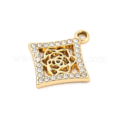 UVメッキ合金ラインストーンペンダント  バラのチャームが付いたひし形  ゴールドカラー  23.5x20x2mm  穴：2mm&nbsp;PALLOY-D026-09G