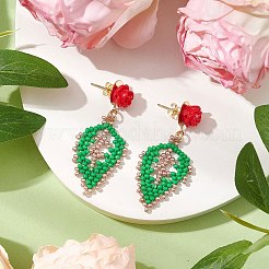 Boucles d'oreilles roses avec perles de rocaille en forme de feuille&nbsp;EJEW-MZ00222-03