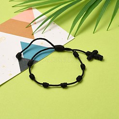 調節可能なナイロン糸編み込みブレスレット  クロス  ブラック  内径：1-3/4~3-3/8インチ（4.5~8.5cm）&nbsp;BJEW-JB05582-02