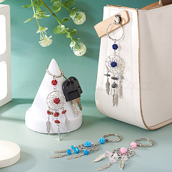 10 шт. 5 стиля брелок из плетеной паутины с перьевым сплавом и натуральным смешанным камнем и стеклянными семенами&nbsp;KEYC-TA0001-53