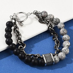Браслеты из натурального круглого камня пикассо и матового черного бисера BJEW-M081-01A
