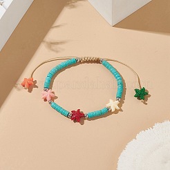 Gefärbte synthetische türkisfarbene (gefärbte) Heishi-Perlenarmbänder mit gefärbten synthetischen Korallenseesternen&nbsp;BJEW-JB09194-01