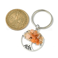 チベットスタイルの合金と天然混合宝石チップペンダントキーホルダー  鉄製スプリットリング付き  命の木とフラットラウンド  アンティークシルバー＆プラチナ  5.35cm  8個/セット&nbsp;KEYC-JKC00646-01