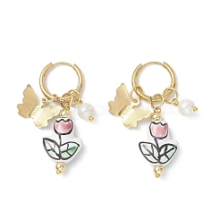 Серьги-кольца из нержавеющей стали 304 с цветком и бабочкой EJEW-JE06749-02