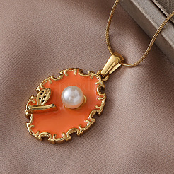 Овальное эмалированное ожерелье из нержавеющей стали 304 с подвеской в виде цветка и искусственным жемчугом.&nbsp;UX2387