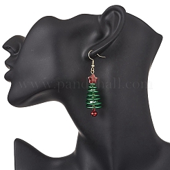 Серьги-подвески из латуни и стекла в форме рождественской елки с колокольчиком EJEW-JE06641