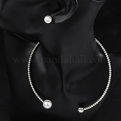 Круглые пластиковые серьги-гвоздики с имитацией жемчуга и комплекты колье-чокеров с кубическим цирконием и стразами SJEW-U003-07P