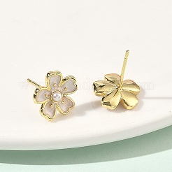 Orecchini a bottone con perle in ottone e plastica ABS a forma di fiore&nbsp;EJEW-P336-07G