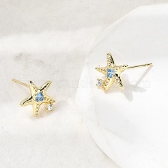Серьги-гвоздики из латуни с микропаве из кубических цирконий в форме морских звезд&nbsp;EJEW-Z153-02G