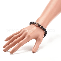 Bracelet extensible perlé rond en pierre synthétique noire avec lion en laiton&nbsp;BJEW-JB07864-01
