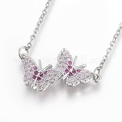 304 Stainless Steel Pendant Necklaces, with Cubic Zirconia, Butterfly, Clear, Stainless Steel Color, 18.5 inch(47.4cm), Pendant: 26x15.5x2.7mm