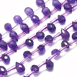 Natura Amethyst Beads Strands, Top Drilled Beads, Faceted, Teardrop, 6.7~7x4.5x4.5mm, Hole: 0.7mm, about 50pcs/Strand, 15.94 inch(40.5cm)