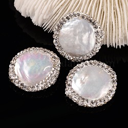 Perles de culture d'eau douce plates rondes naturelles, avec strass en pâte polymère, floral blanc, 17~22x5~6mm, Trou: 0.5mm