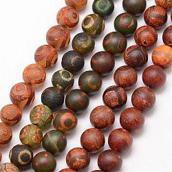 Perles de dzi à motif mixte de style tibétain, Chapelets de perles d'agate naturelle, ronde, Style mat, teints et chauffée, couleur mixte, 10mm, Trou: 1mm, Environ 18 pcs/chapelet, 7.5 pouce