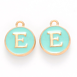 Golden Plated Alloy Enamel Charms, Cadmium Free & Lead Free, Enamelled Sequins, Flat Round with Letter, Turquoise, Letter.E, 14x12x2mm, Hole: 1.5mm