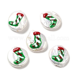 Perles de perles de keshi naturelles de style baroque, perles thème Noël avec émail, plat rond, couleur de coquillage, chaussette de noël, 17~20x15~17x4~7mm, Trou: 0.7mm