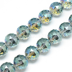 Fili di perle di vetro placcato, arcobaleno placcato, sfaccettato, tondo, turchese pallido, 13~14x13~14mm, Foro: 1.5 mm, circa 50pcs/filo, 26 pollice