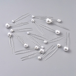 Juegos de tenedores para el pelo de novia de boda, Con pasador de hierro en forma de U y perla de imitación de ABS., plata, 71~84mm, pin: 1 mm, 18 PC / sistema