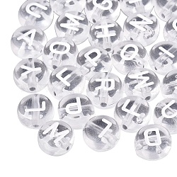 Perles en acrylique transparente, plat rond avec lettres mélangées blanches, clair, 7x4mm, Trou: 1.5mm, environ 1480 pcs/200 g