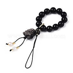 Natural Silver Obsidian & Obsidian & Natural Pearl & Brass for Mobile Phone Straps, Nylon Cord Mobile Accessories Decoration, Black, 14.5~15.5cm, Beads: 3~10mm, Metal Swallowing Beast: 19x16x13.5mm, Ring: 13x2mm