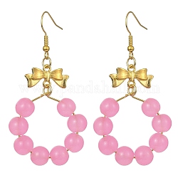 Boucles d'oreilles pendantes avec anneau en perles de verre imitation jade, boucles d'oreilles longues à nœud papillon en alliage doré, perle rose, 63x32mm