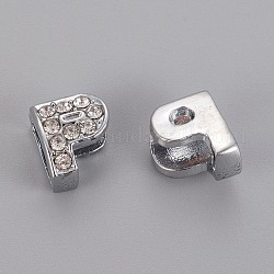 Initial Slide Beads, Alloy Rhinestone Beads, Platinum Color, Letter P, about 8mm wide, 10mm long, 6.5mm thick, hole: 3.5x7mm