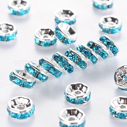 Séparateurs perles en laiton avec strass, couleur argentée, sans nickel, aigue-marine, 4x2mm, Trou: 0.8mm