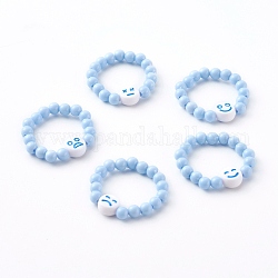 Acrylic Beads Stretch Rings, Round & Flat Round with Expression, Light Sky Blue, Inner Diameter: 17.1mm