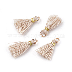 Polycotton(Polyester Cotton) Tassel Pendant Decorations, Mini Tassel, with Iron Findings and Metallic Cord, Light Gold, Antique White, 10~15x2~3mm, Hole: 1.5mm
