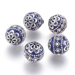 Perline  indonesia fatto a mano, con accessori metallico, tondo, argento antico, blu royal, 19.5x19mm, Foro: 1 mm