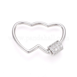 Brass Micro Pave Clear Cubic Zirconia Screw Carabiner Lock Charms, for Necklaces Making, Double Heart, Platinum, 18.5x27.5x5.5mm
