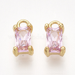 Latón charms de circonio cúbico, Rectángulo, sin níquel, real 18k chapado en oro, rosa perla, 8x4x3mm, agujero: 1.2 mm