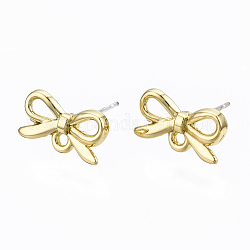 Alloy Stud Earring Findings, with Loop and Steel Pin, Bowknot, Cadmium Free & Lead Free, Light Gold, 8x14mm, Hole: 1.4mm, Pin: 0.7mm