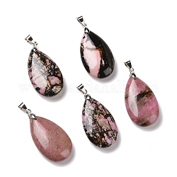 Natural Rhodonite Pendants, Teardrop Charm, with Platinum Tone Brass Findings, 35~36x20~21x7.5~10mm, Hole: 4x6mm