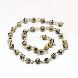 Natural Gemstone Round Beads Platinum Brass Handmade Chains, Unwelded, Dalmatian Jasper, 15.7inch, Beads: 6mm, about 34pcs/strand