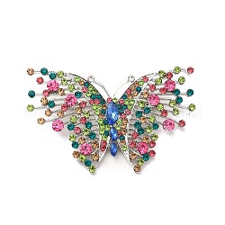 Pin de solapa de mariposa de rhinestone de colores, broche de aleación para mujer, Platino, 40x68x4mm, pin: 0.7 mm