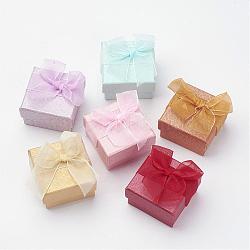 Boîtes à bagues en carton, d'organza bowknot, carrée, couleur mixte, 5x5x3.1 cm