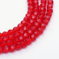 Hilos de cuentas de vidrio transparente, facetado (32 facetas) redondo, rojo, 6mm, agujero: 1 mm, aproximamente 100 pcs / cadena, 24 pulgada