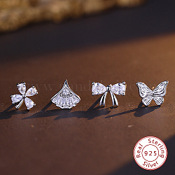 4 pièces 4 styles plaqué rhodium 925 boucles d'oreilles en argent sterling ensemble, avec de la zircone cubique clair, papillon, fleur, feuille et nœud papillon, platine, 8~10mm, 1pc / style