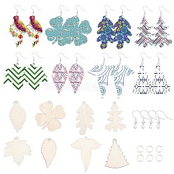 DIY baumeln Ohrring machen Kits, mit Messing-Ohrhaken, unfertige Holzblattanhänger, Silber, Anhänger: 64 Stück / Set