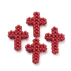 Perles tissées de corail synthétiques teints, perles de cluster, croix, pas de trous / non percés, rouge, 45~50x35x11~12mm