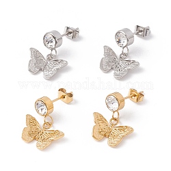 Boucles d'oreilles pendantes en cristal avec strass et papillon, 304 bijoux en acier inoxydable pour femme, couleur mixte, 18mm, pin: 0.7 mm