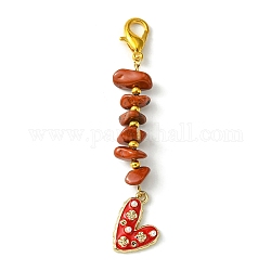 Décorations de pendentif en alliage d'émail de coeur, Éclats de pierres précieuses de jaspe rouge naturel et breloques de fermoirs à griffes de homard en alliage, 81mm