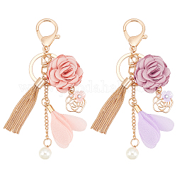 Wadorn 2 couleurs porte-clés pompon fleur, épanouissement rose fleur perle voiture porte-clés pour les femmes mignon porte-clés sac à main sac breloques sac à dos décoration pendentifs porte-clés accessoires, 5.6 pouce