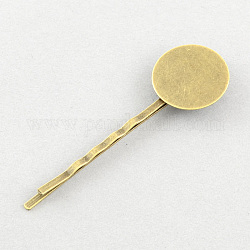 Iron Hair Bobby Pin Findings, with Brass Round Tray, Antique Bronze, Tray: 12mm, 55x2x12mm