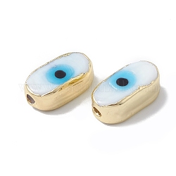 Perles en laiton, avec l'émail, véritable 18k plaqué or, ovale avec le mauvais œil, blanc, 14x8x6mm, Trou: 1.4mm