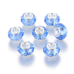 Handgefertigte Glasperlen europäischen, Großloch perlen, Farbe Silber Messingkern, Blau, 14x8 mm, Bohrung: 5 mm