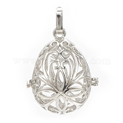 Rack Plating Brass Cage Pendants, For Chime Ball Pendant Necklaces Making, Hollow Teardrop with Flower, Platinum, 34x27x22mm, Hole: 3mm, inner measure: 24x18mm