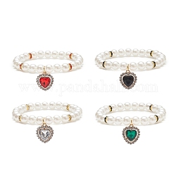 Acrylic Pearl Round Beaded Stretch Bracelet with Alloy Rhinestone Heart Charms for Women, Mixed Color, Inner Diameter: 2~2-1/8 inch(5~5.5cm)